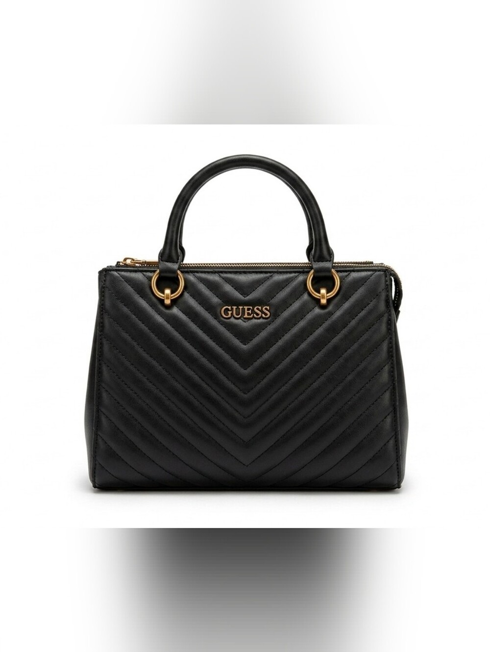 GUESS Black Quilted Satchel with Gold Accents